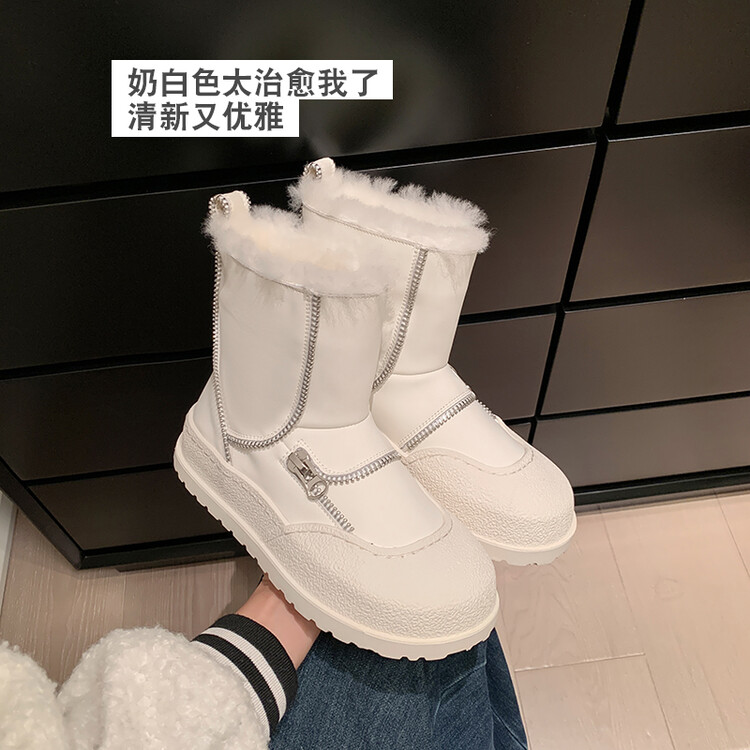 皮毛一体雪地靴女冬加绒加厚2023新款设计感小众白色厚底马丁短靴