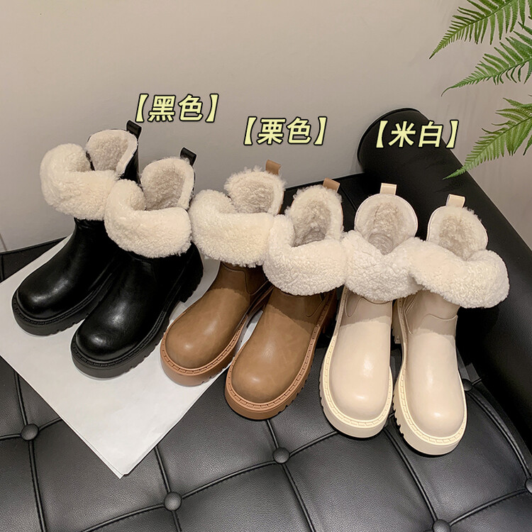 羊羔毛厚底雪地靴女真皮粗跟东北大棉鞋冬季加绒厚毛保暖防滑短靴