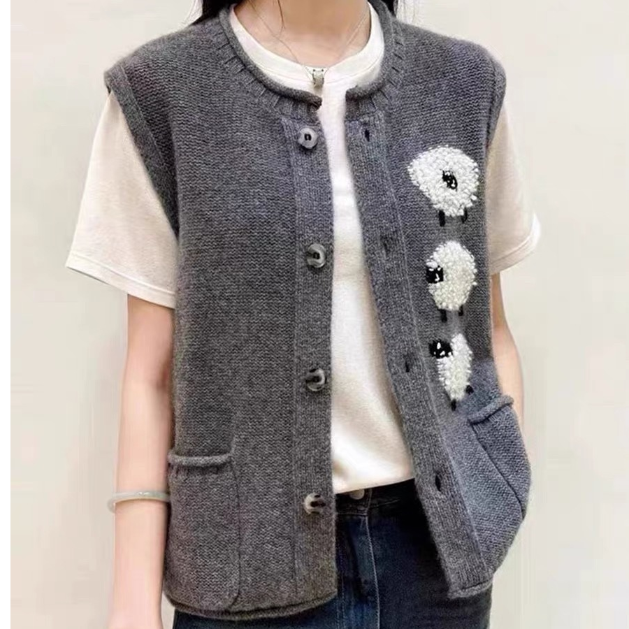 工厂店直营2024新款三只小羊圆领开衫100%美丽诺羊毛马夹百搭