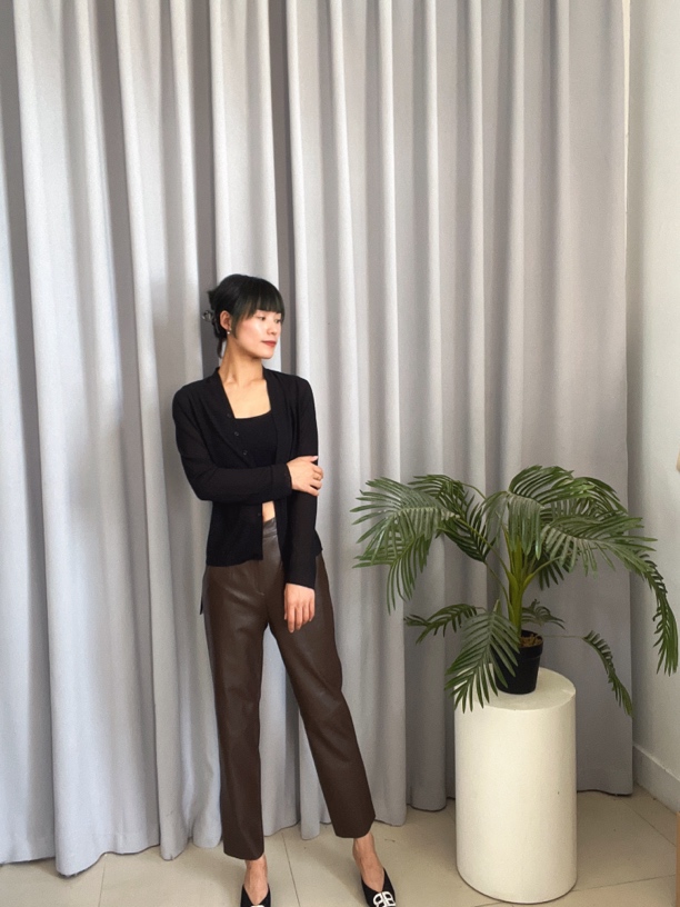 女士羊皮百搭阔腿长裤