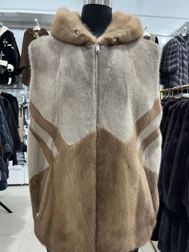 女式拼色连帽水貂马甲