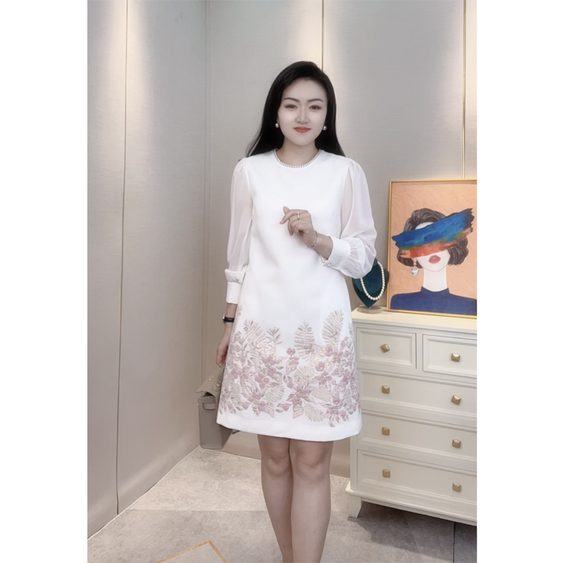 【深圳-南油】2024女装显瘦时尚优雅中式提花蕾丝长袖连衣裙3905 