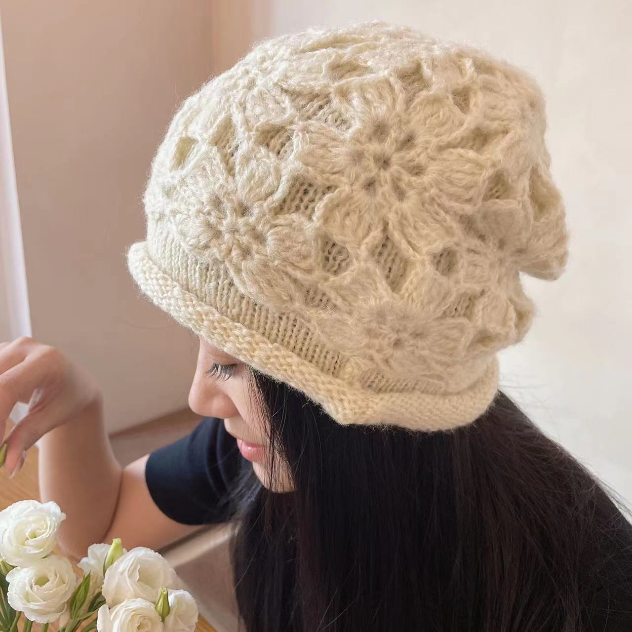 原创设计秋冬新款手工钩花双层保暖加厚休闲民族风堆堆帽子包头帽