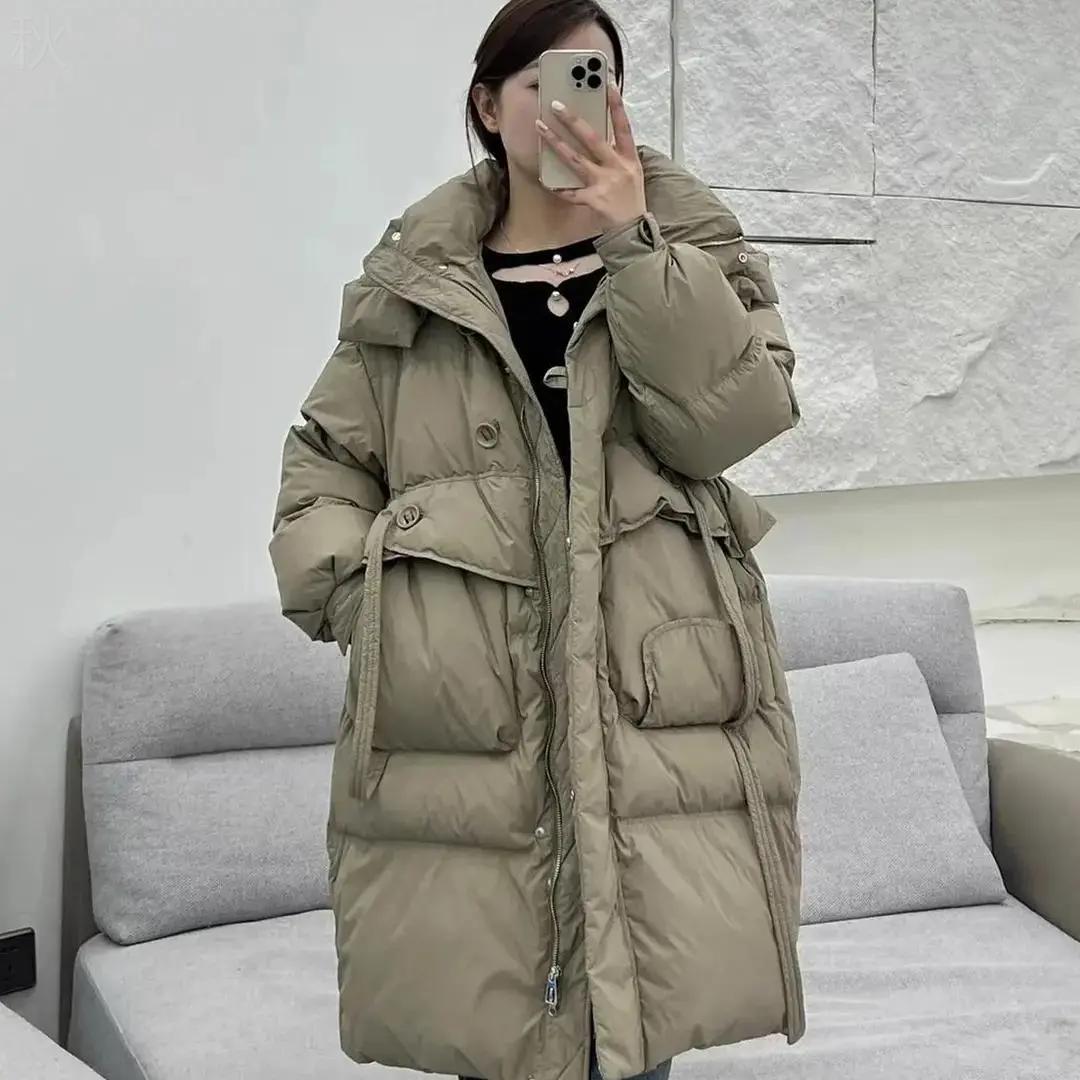 秋季23冬季新款羽绒服女中长款宽松连帽过膝白鸭绒加厚保暖韩版外