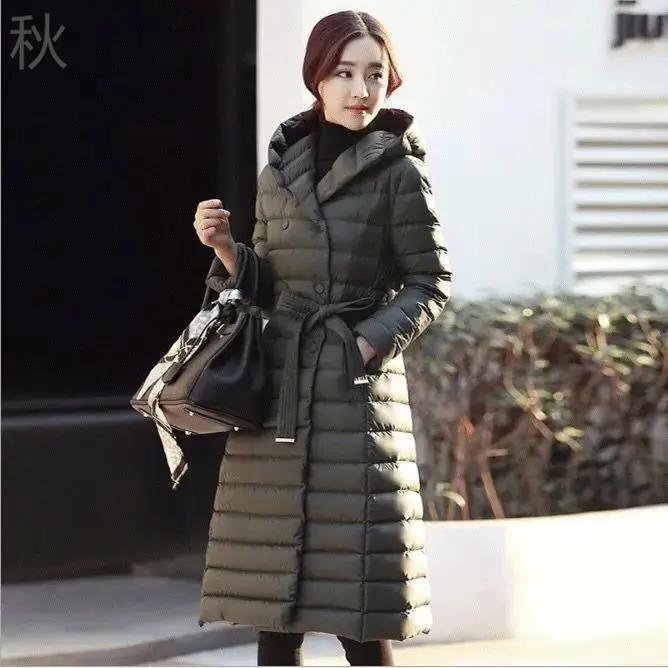 羽绒服女长款过膝修身收腰连帽白鸭绒女装中长款风衣外套网羽绒服