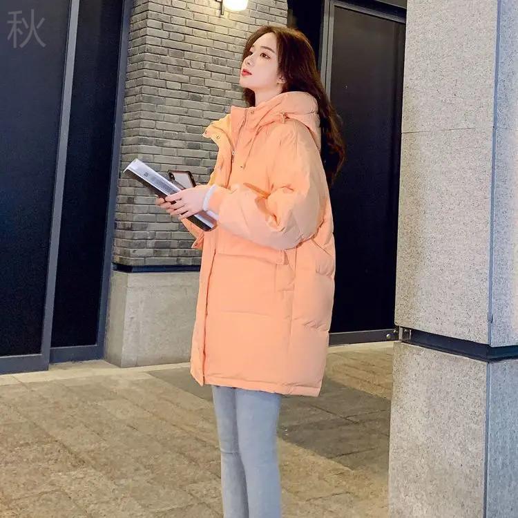 秋季橘色羽绒服女连帽中长款小个子2023新款宽松羽绒服时尚