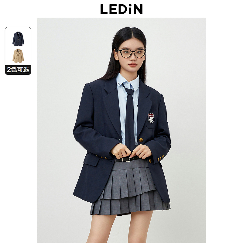 乐町松鼠标志学院徽章西装秋季学院风袖口条纹女士西服职业