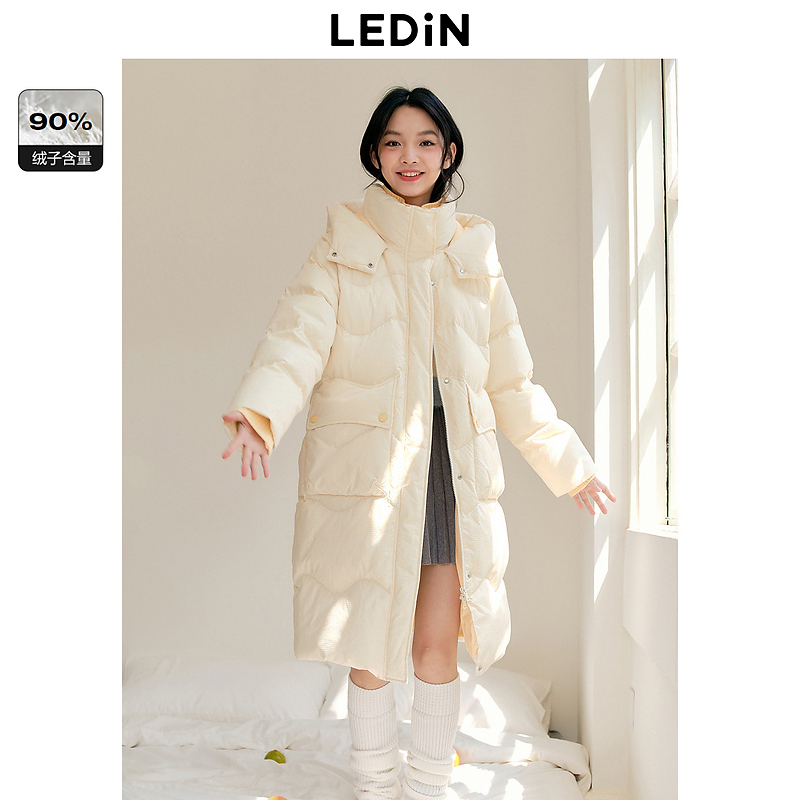 【热力感】乐町新品撞色中长款羽绒服新款波浪绗缝羽绒少女感厚外套