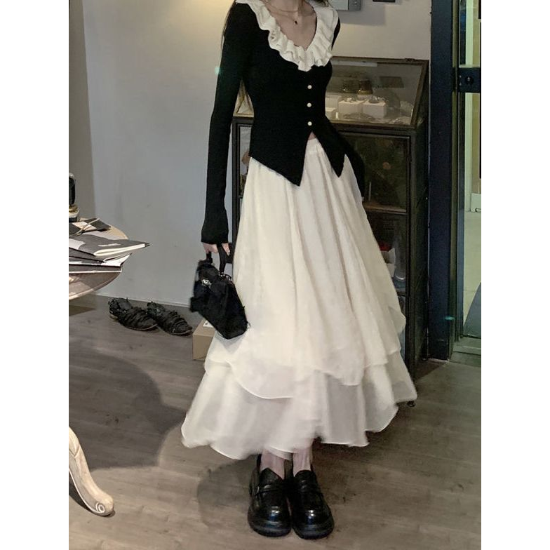 法式小众设计感一字肩长袖时尚套装女春秋新款纯欲半身裙两件套潮