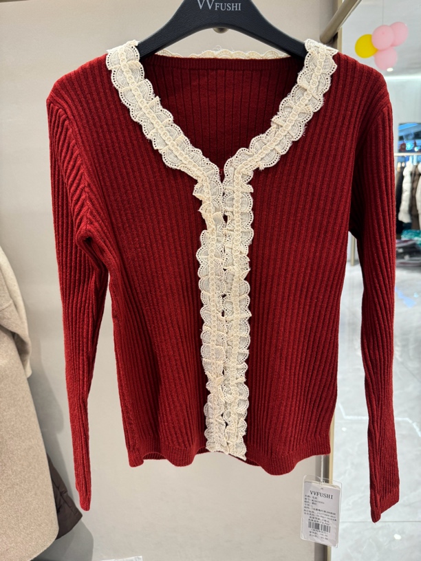 【VV FUSHI】M24019351木耳边V领针织衫女秋冬小众设计感显瘦长袖