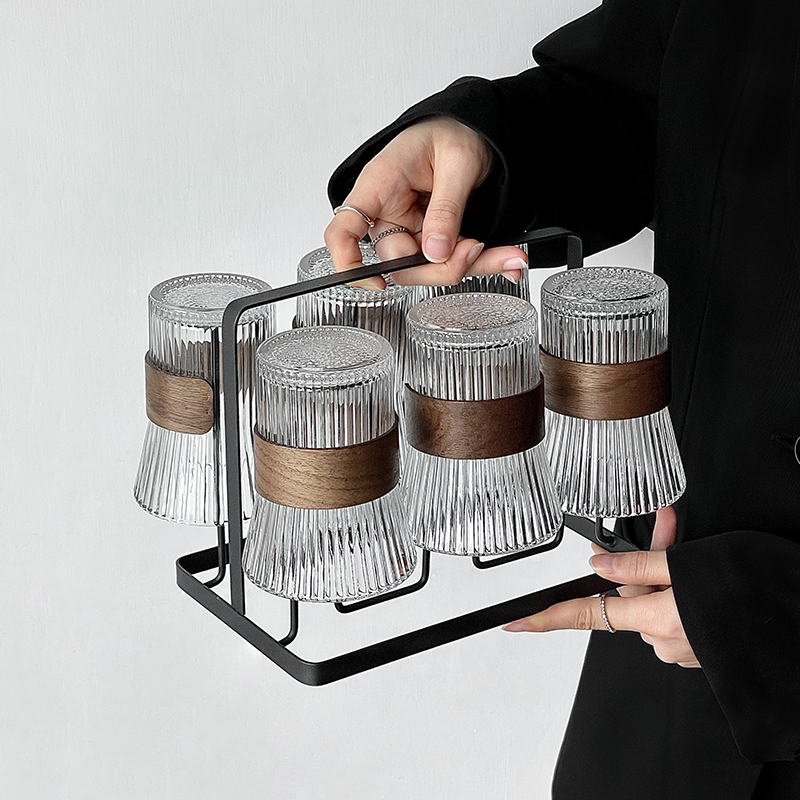 网红竖纹玻璃杯大容量隔热防烫玻璃束腰杯子耐热待客喝水杯套装