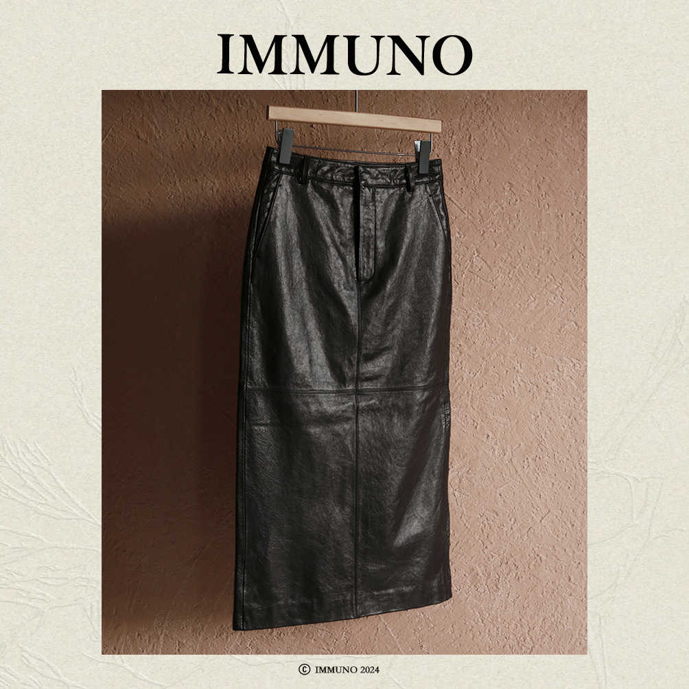 IMMUNO壹糯 赫本油蜡羊皮直筒半身裙极简十字分割开叉长显瘦半裙