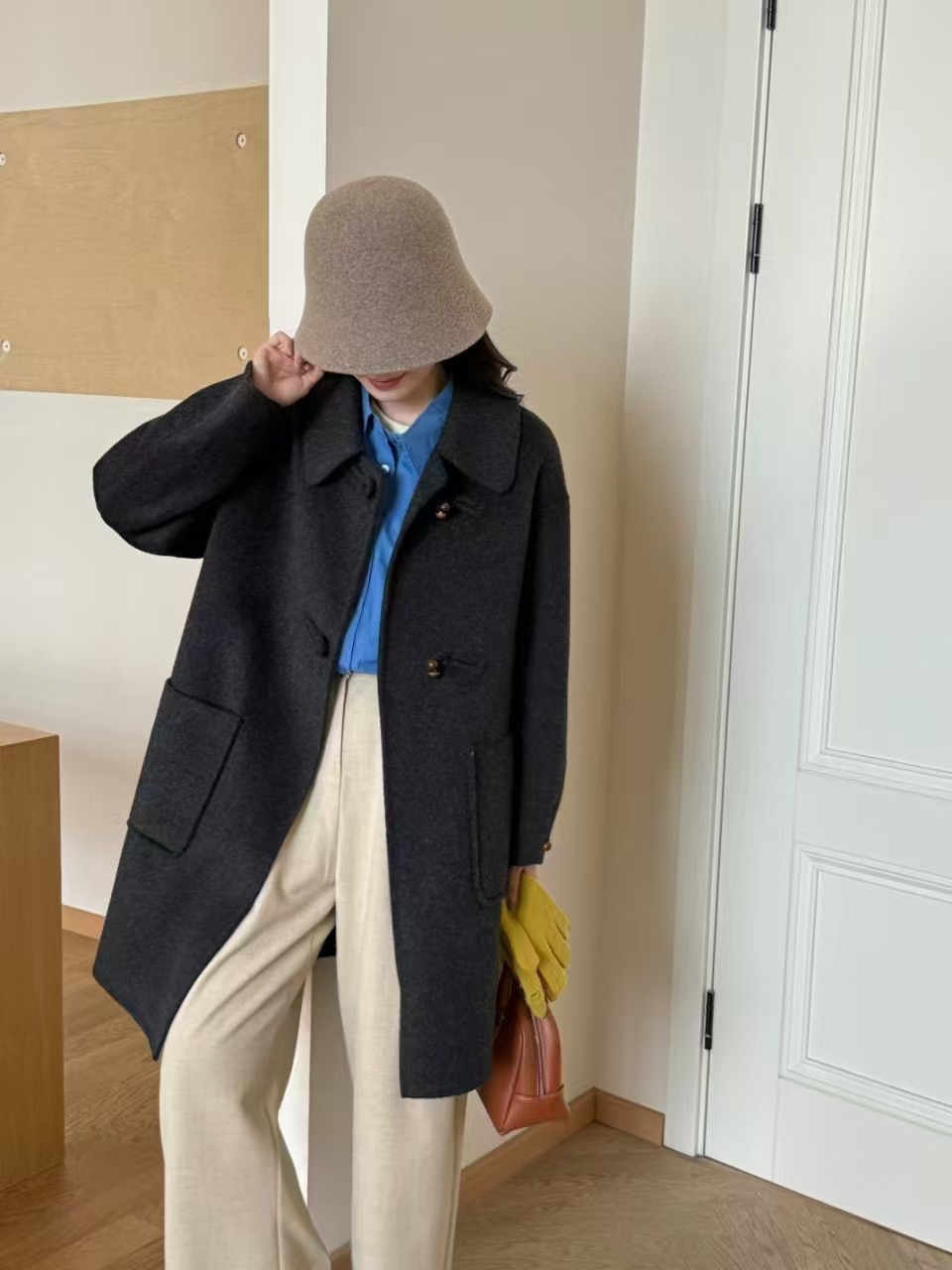 秋冬新款双面羊毛大衣女中长款简约百搭毛呢外套