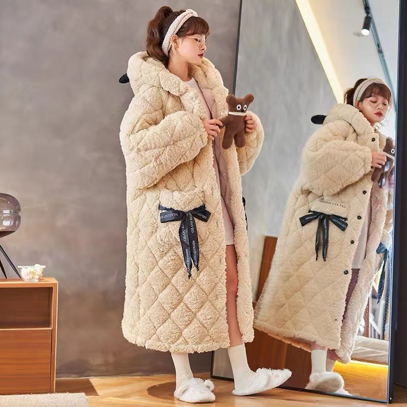 621038冬季情侣加厚加绒长袍保暖居家服三层夹棉可外穿