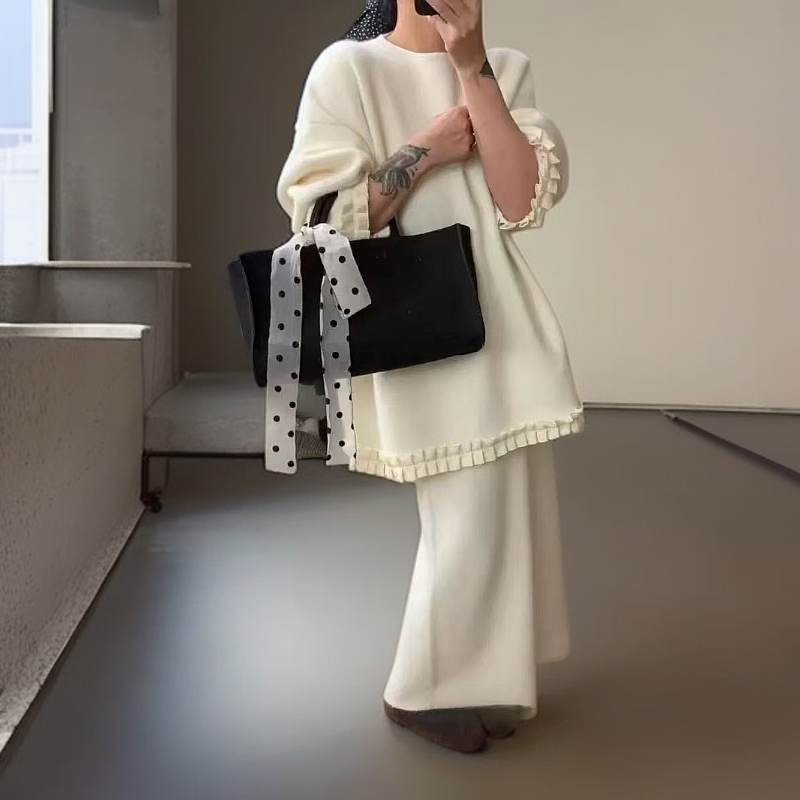 欧货木耳边羊绒网红白色针织红色灰色圆领秋冬套头时尚百搭女士