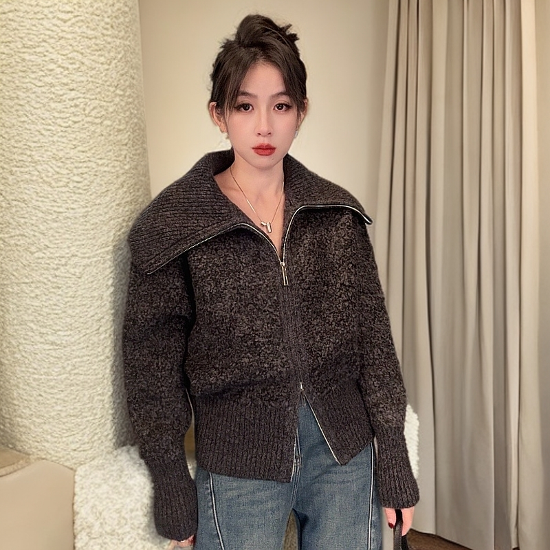 羊毛双拉链翻领外套女士宽松毛呢拼接冬季加厚针织短款时尚休闲