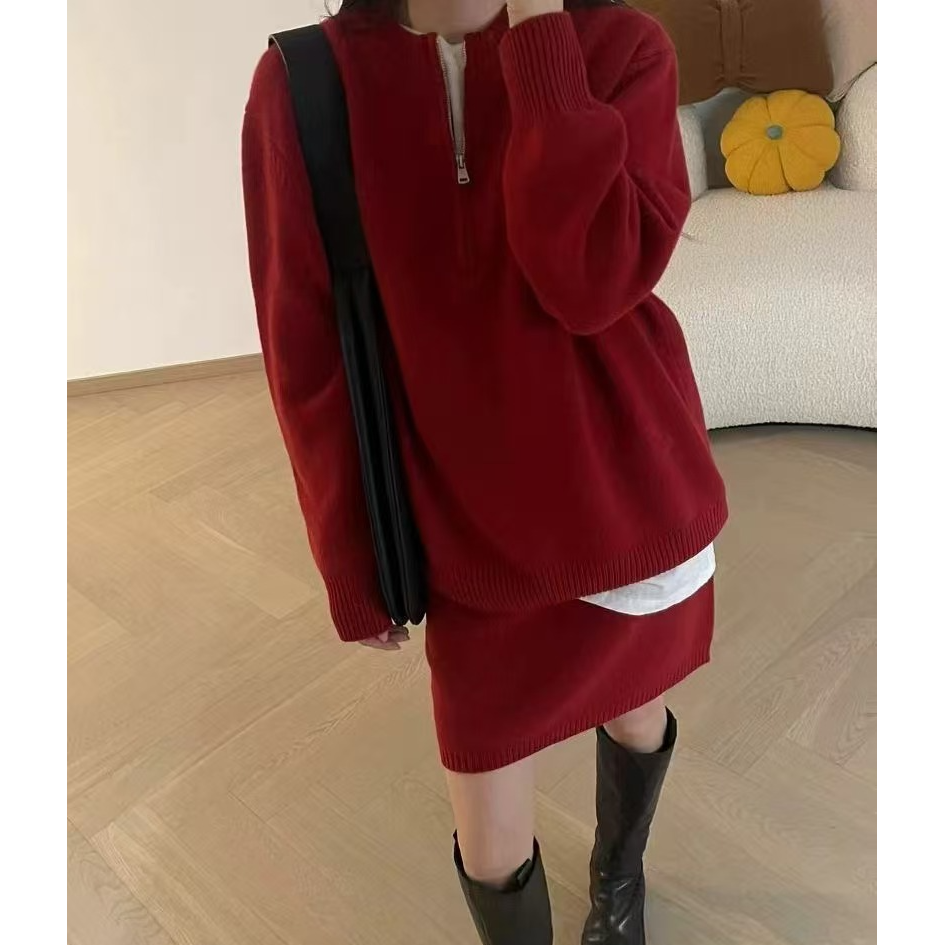 欧货时尚针织套装减龄套装显瘦网红休闲百搭红色宽松秋冬羊绒