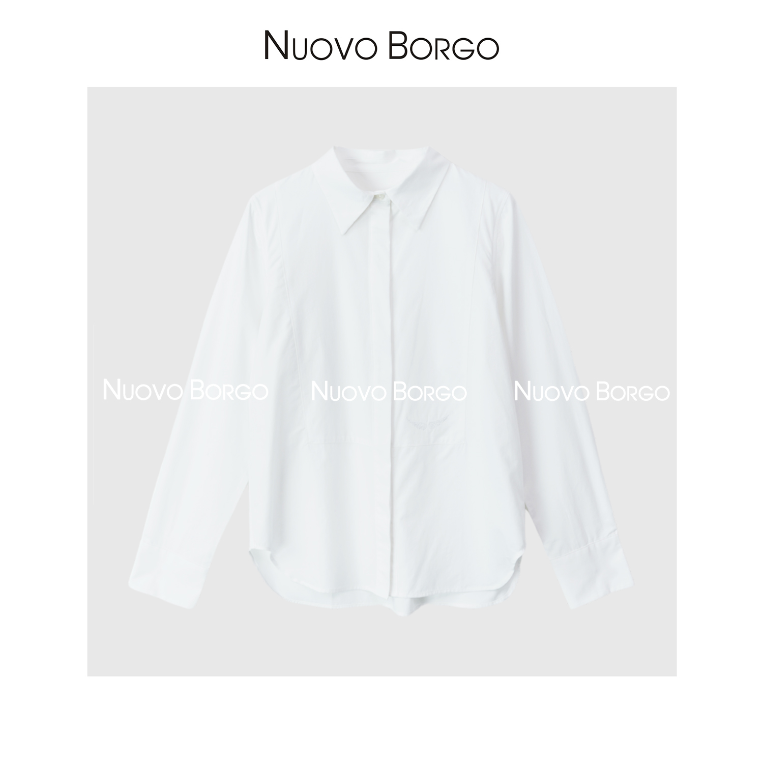 Nuovo Borgo 白色衬衫长袖棉质通勤宽松简约百搭刺绣上衣D01/2305
