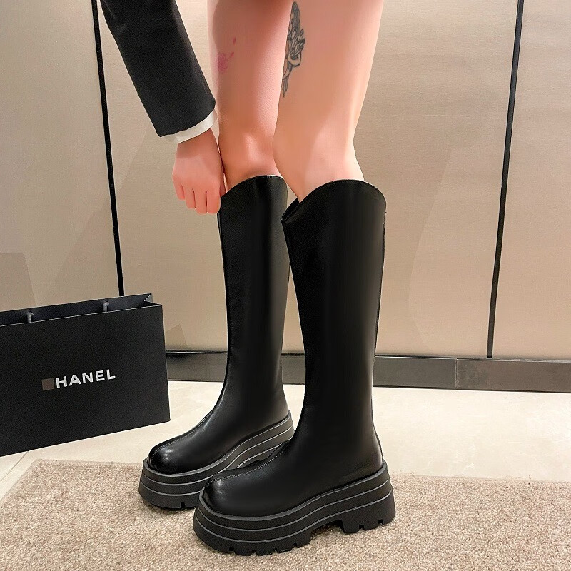 浪莎V口长筒靴女时尚百搭7cm厚底增高显腿长后拉链时装靴不过膝女