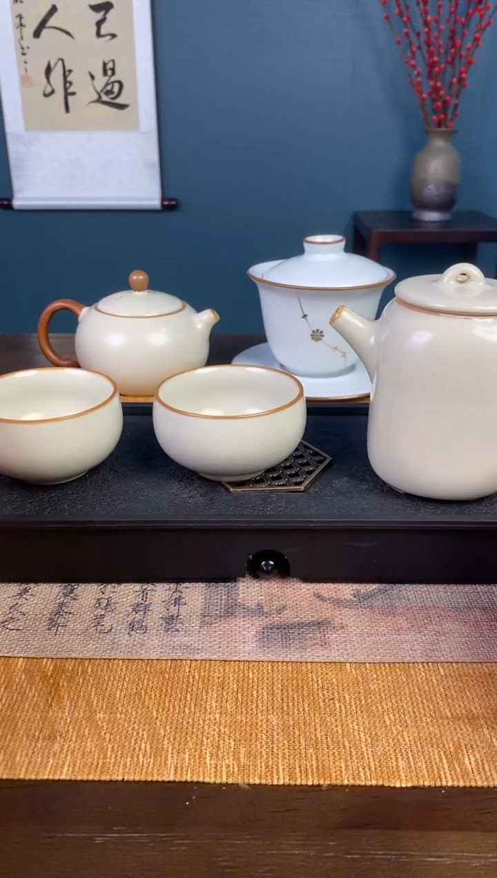 【闪购商品】瓷碗米黄汝窑四方壶+两个罗汉杯+乌金茶盘