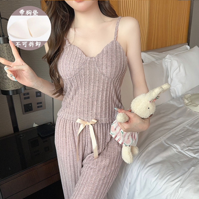 睡衣女秋冬季吊带胸垫长袖三件套薄绒春秋款少女性感可外穿家居服