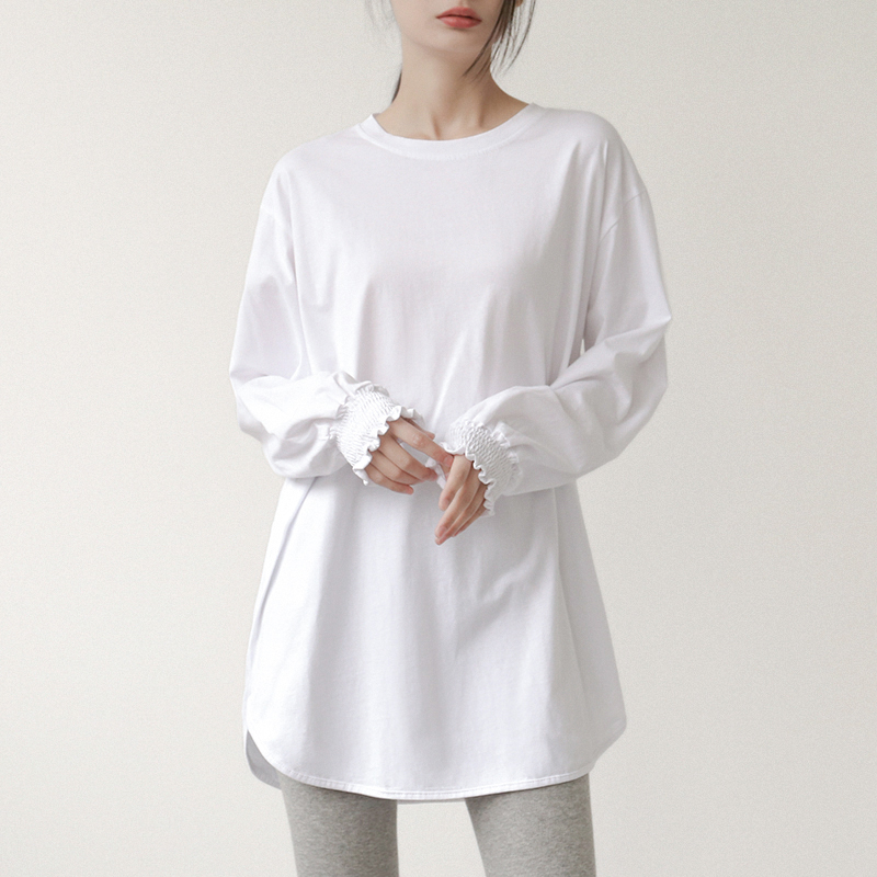 白色纯棉长袖t恤女中长款收袖口打底衫卫衣内搭遮屁股圆弧边上衣