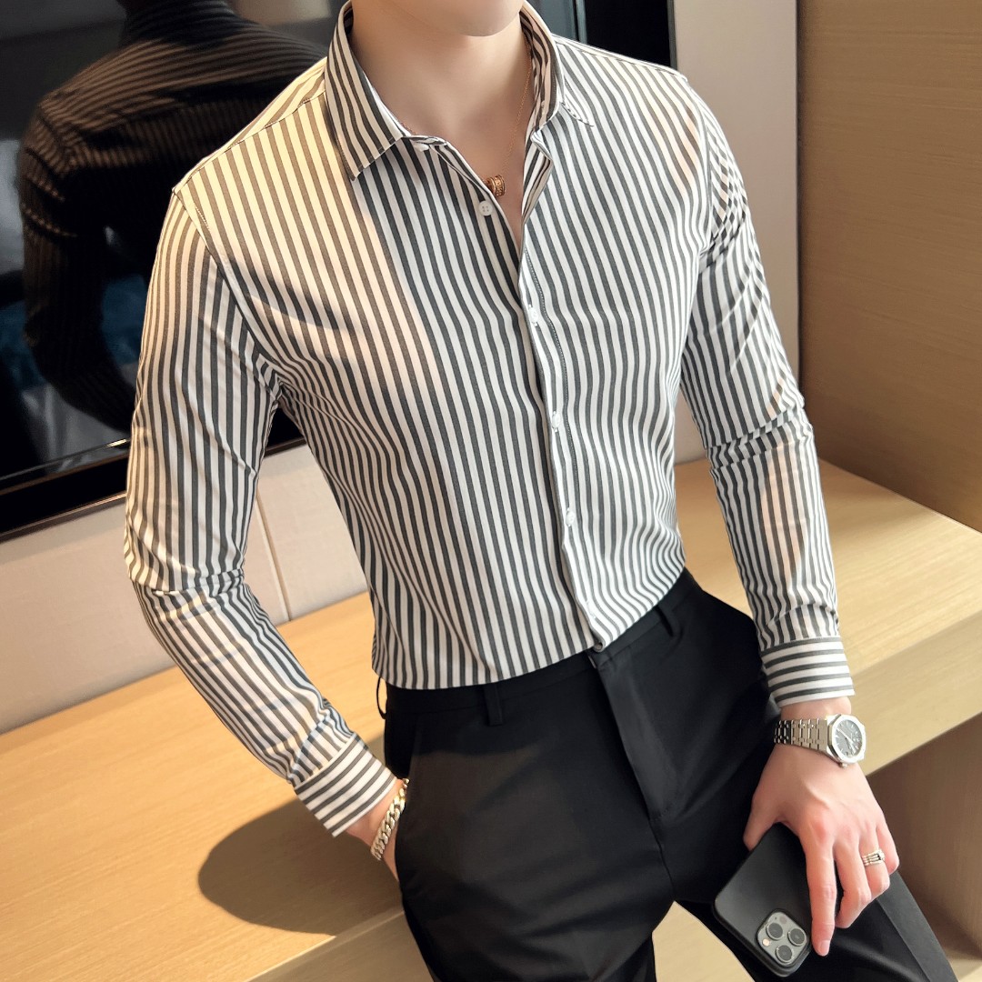 WG2秋季韩版修身休闲衬衣男上衣男士衬衫潮流条纹长袖衬衫男帅气
