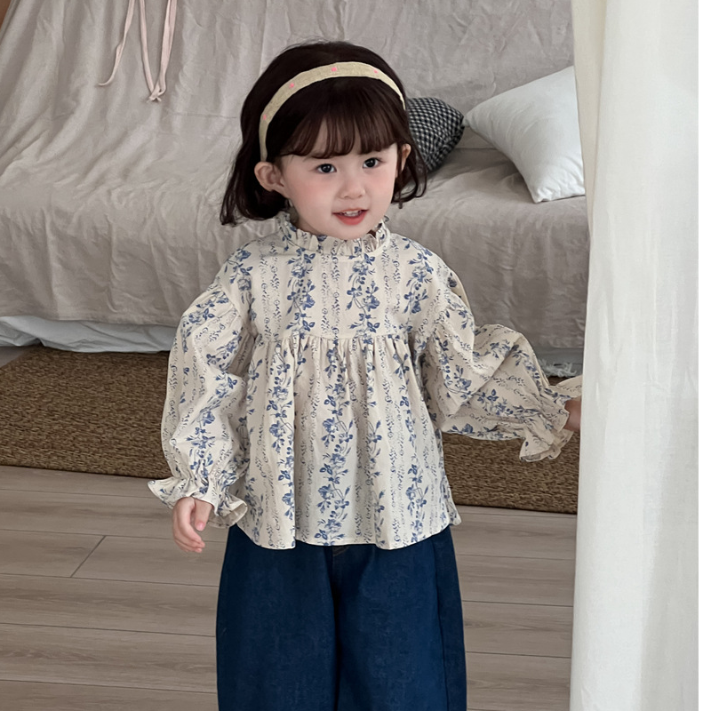 女童韩国长袖2025春季新品儿童碎花木耳领泡泡袖衬衣袖小清新衬衫