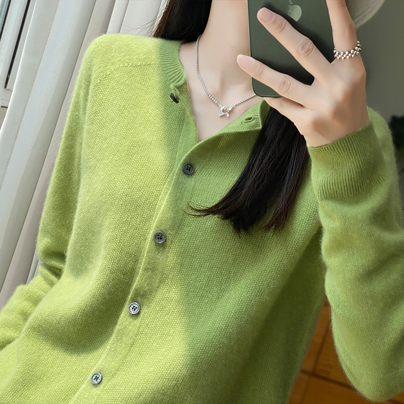 一线成衣~100%纯山羊绒衫女开衫圆领宽松休闲百搭针织女外套 D019