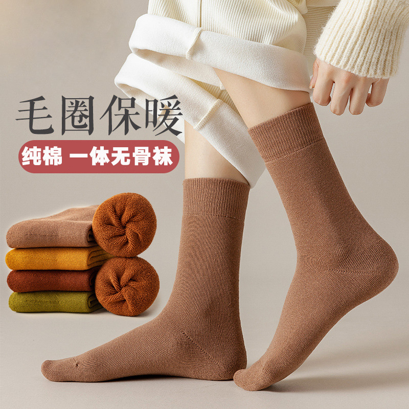 冬季加厚保暖毛圈袜女无骨一体机棉袜毛巾底无缝棉袜