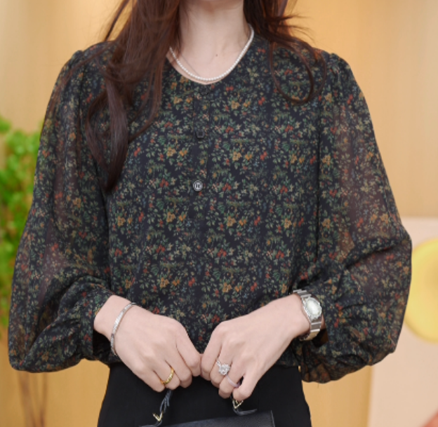 敬亭2024新中式国风设计感红落叶气质印花圆领衬衫上衣K303-欢欢