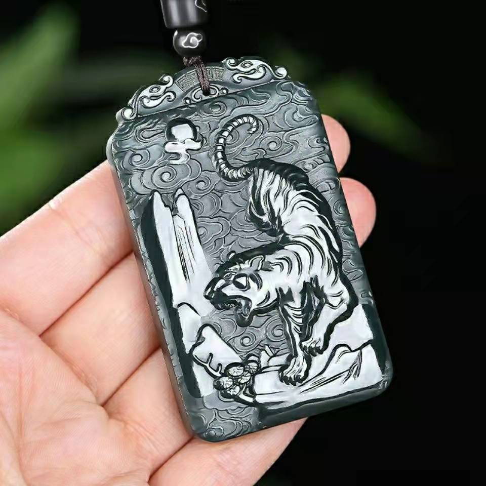 天然和田玉青玉四大神兽牌吊坠男款下山虎老虎吊坠情侣挂件配证书