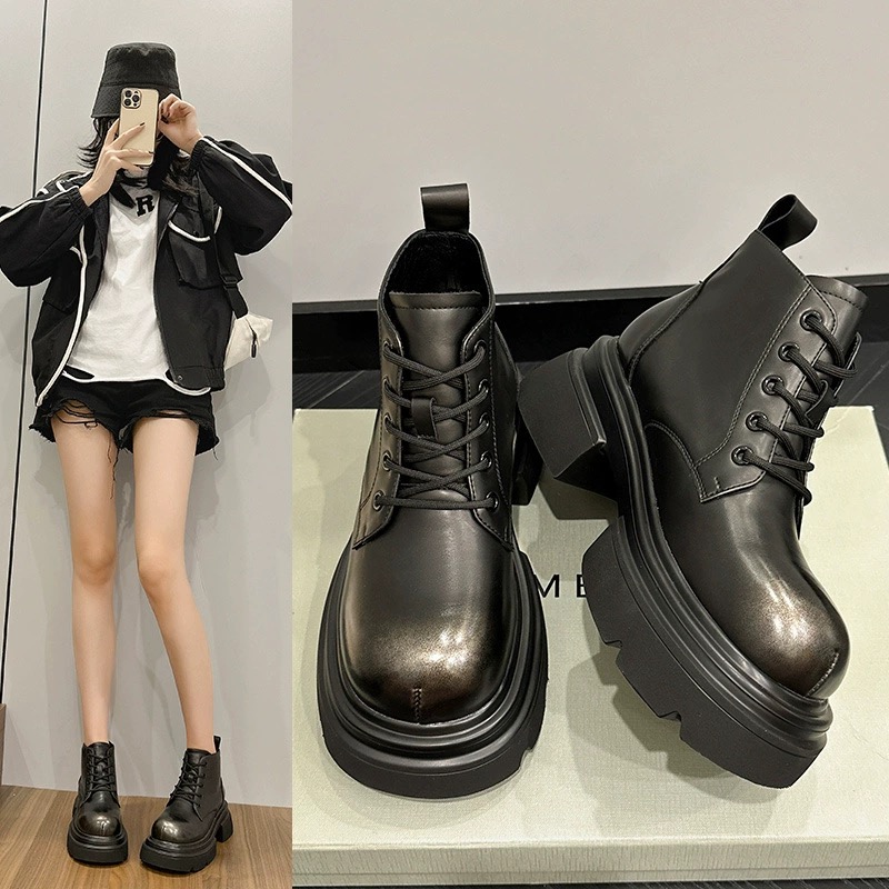 【苏柚新品】英伦风擦色增高厚底系带韩版圆头复古做旧百搭马丁靴