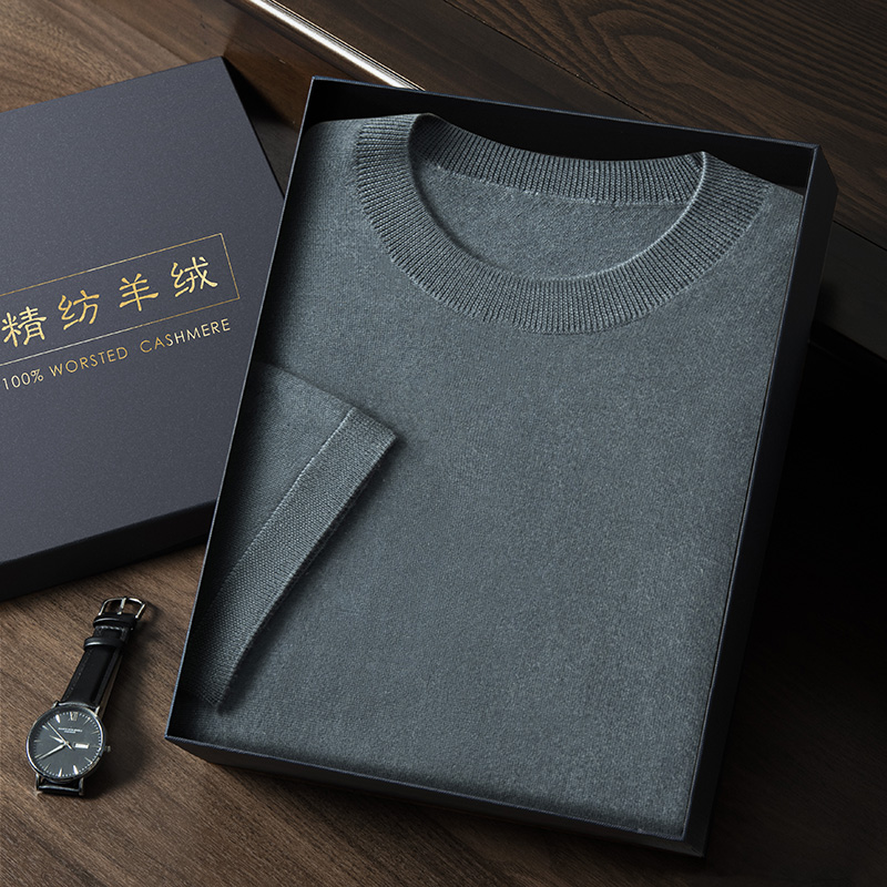 精纺纯绒毛衣男短袖100%纯山羊绒衫精纺68支圆领半袖针织衫my803