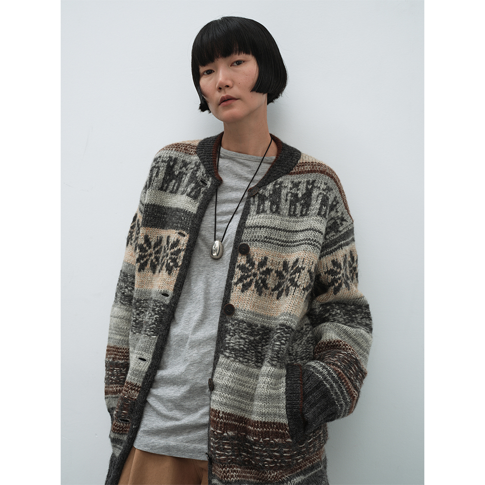 RandomPiece【达人】24新品 多层图案费尔岛提花开衫毛衣外套