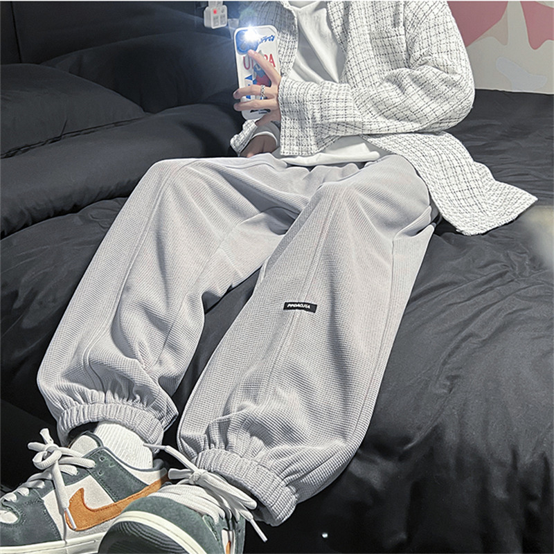 华夫格卫裤男夏季大码休闲裤宽松束脚运动裤春秋潮流百搭灰色裤子