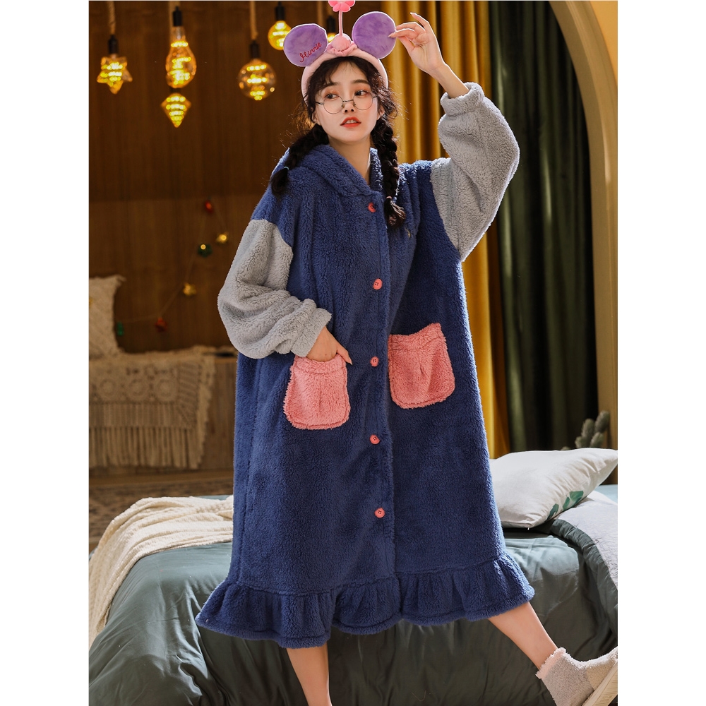 睡袍女秋冬季珊瑚绒保暖加厚睡衣法兰绒浴袍女长款大码家居服晨袍