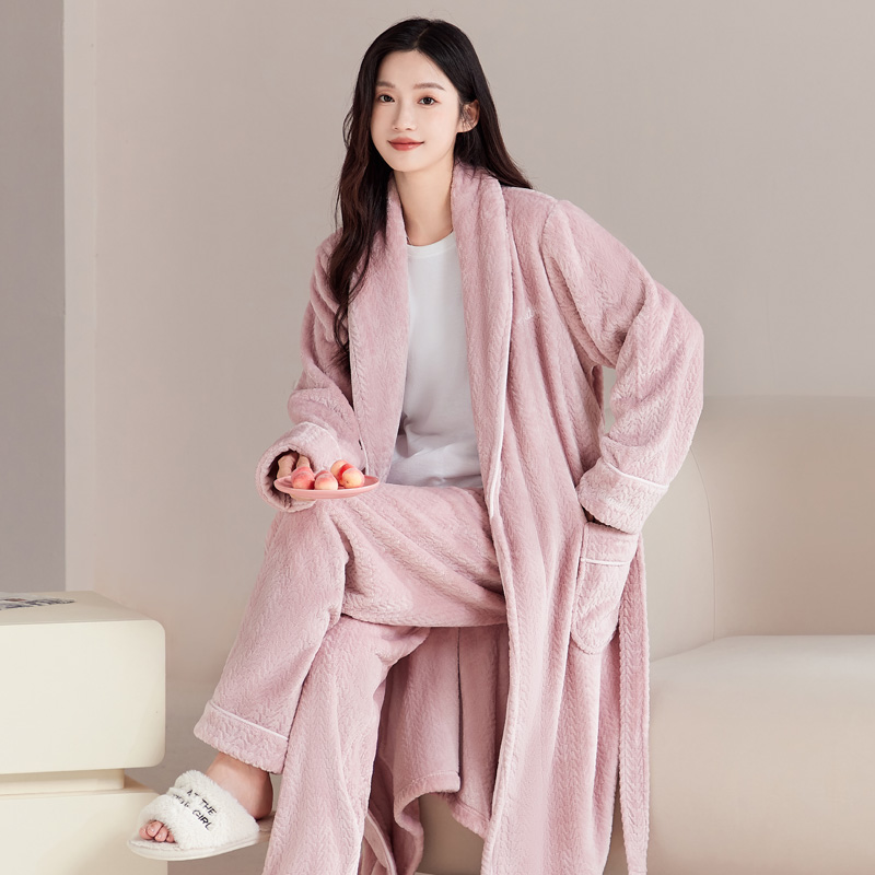 睡袍女秋冬季法兰绒保暖浴袍女长款珊瑚绒晨袍加厚加绒情侣家居服