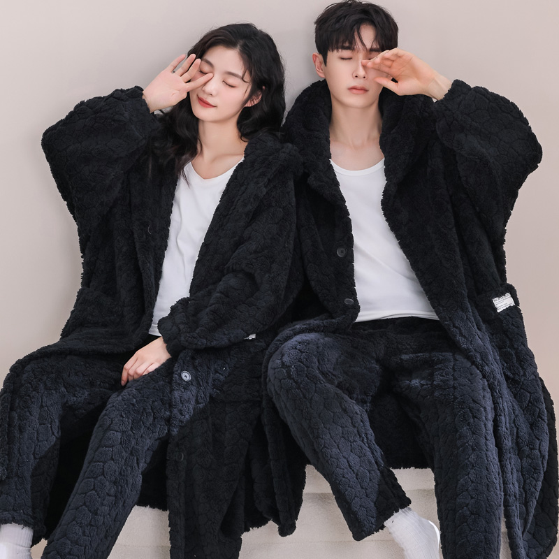 秋冬保暖珊瑚绒睡衣男加厚法兰绒长款浴袍情侣睡袍女晨袍新款外穿