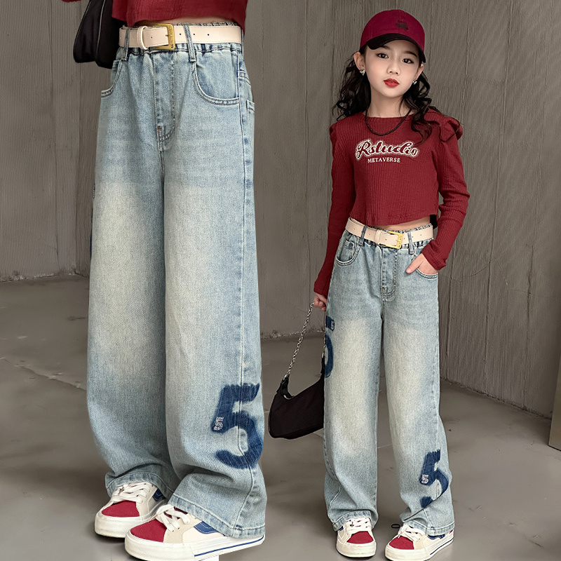 女童裤子春秋时髦洋气春季大童阔腿裤春款网红炸街春装儿童牛仔裤