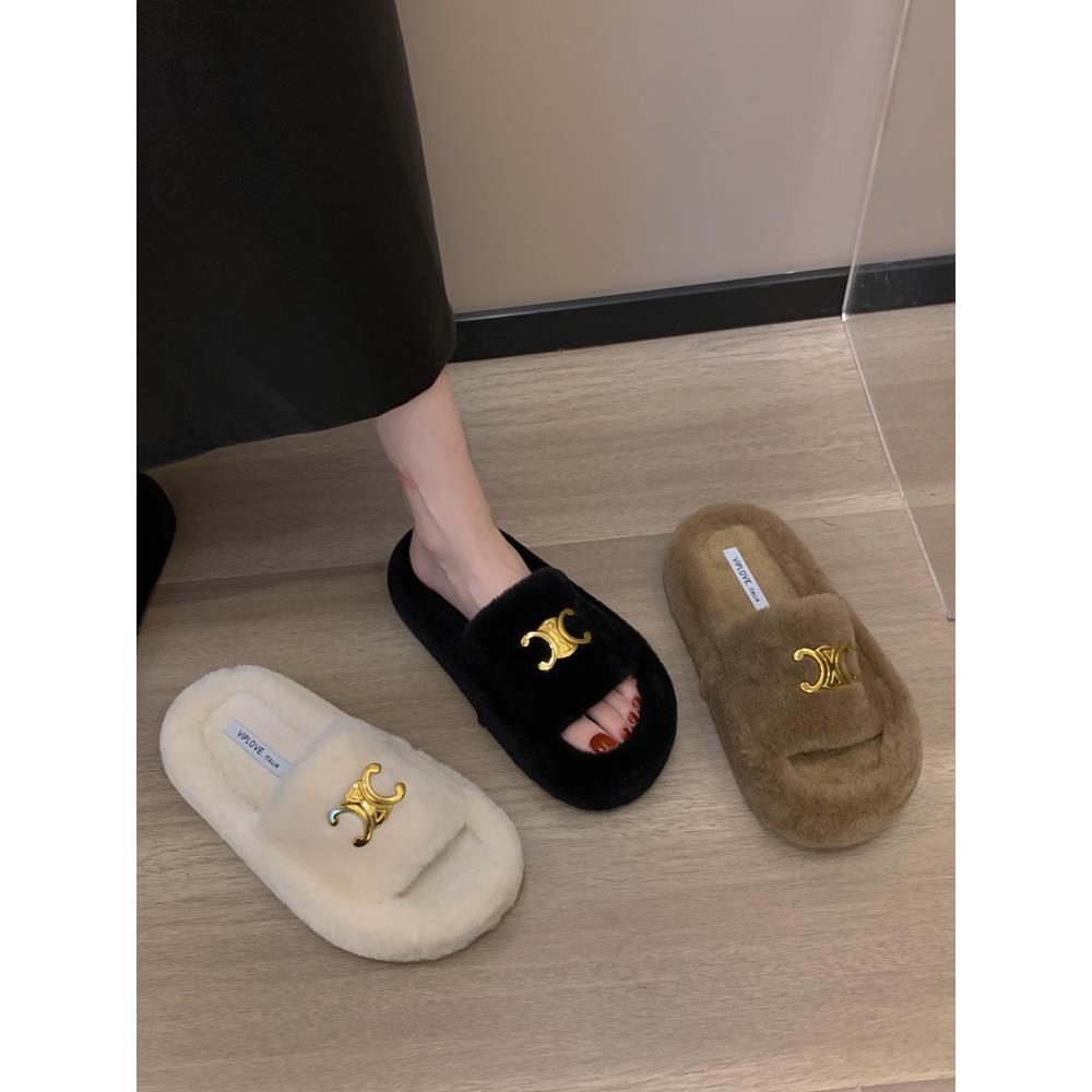 厚底网红金属扣黑色毛毛拖鞋女外穿2023早秋新款百搭时尚一字棉拖