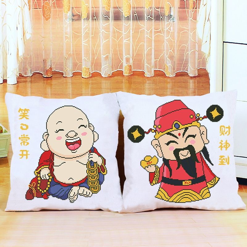 含枕芯财神爷弥勒佛十字绣抱枕刺绣办公室店铺开业乔迁招财礼品