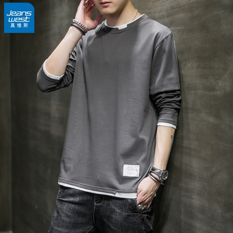 真维斯长袖T恤男士宽松大码重磅纯棉百搭纯色圆领春秋季潮打底衫