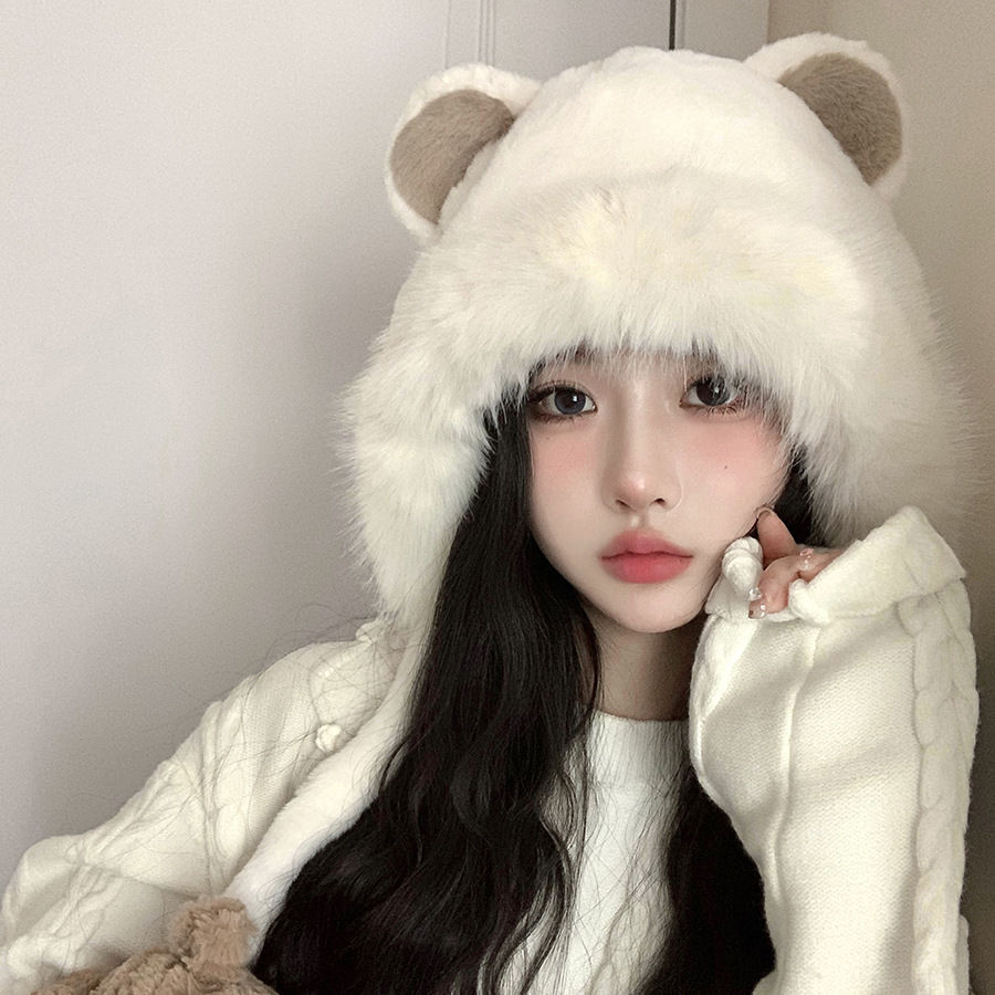 小熊耳朵帽子冬天毛茸茸保暖小众卡哇伊ins防冻可爱甜辣套头帽女