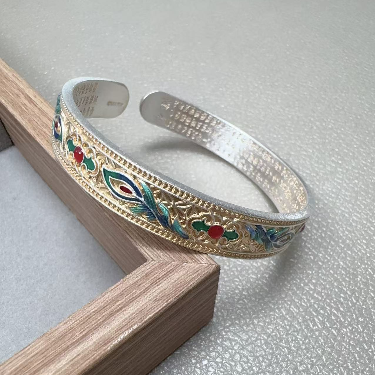 足银手镯 足银999.9描金凤翎珐琅民族风开口手镯