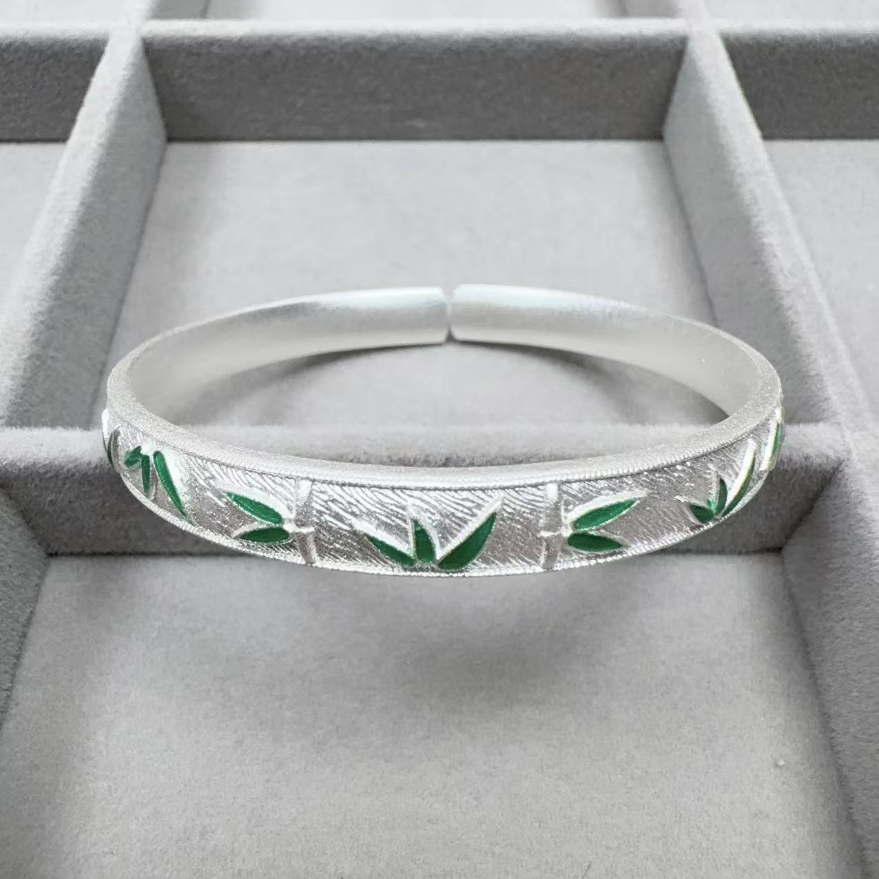 足银手镯 足银999.9轻奢气质珐琅竹青手镯时尚