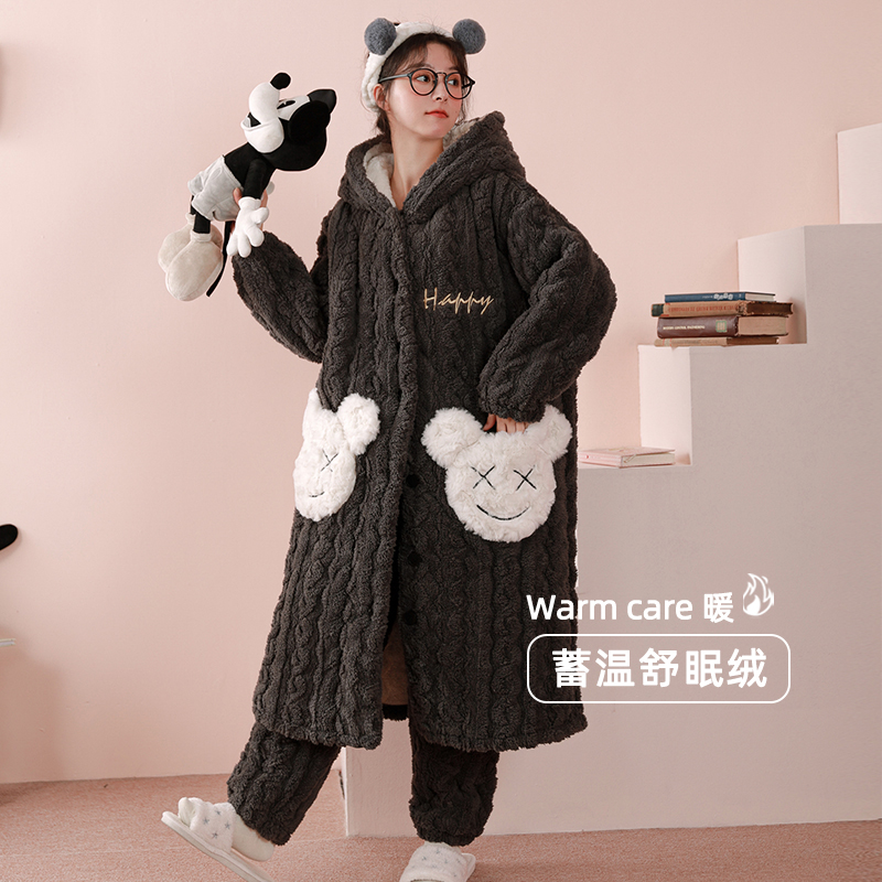 雪花绒睡袍女冬季新款三层夹棉连帽家居服休闲开衫加绒加厚套装