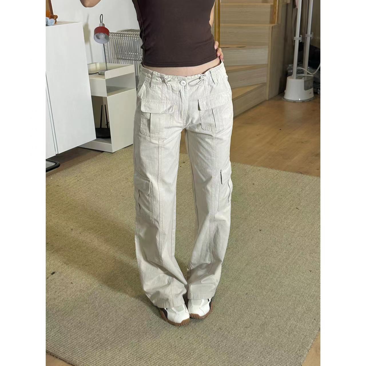 HHYB Hello美式复古多口袋低腰抽绳窄版直筒裤工装长裤女Q244130