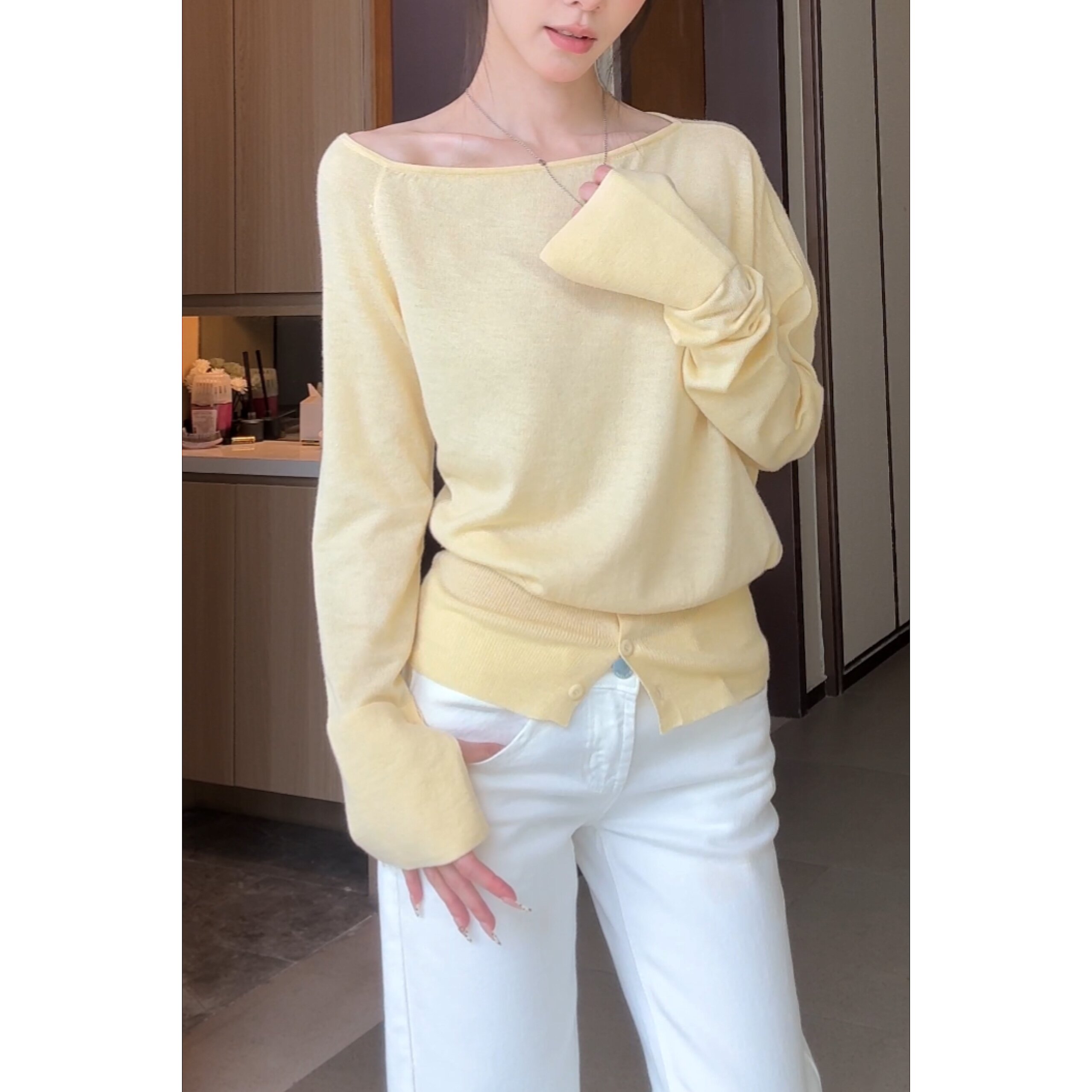 HHYB Hello斜领露肩长袖针织衫上衣不规则早秋针织百搭上衣M580