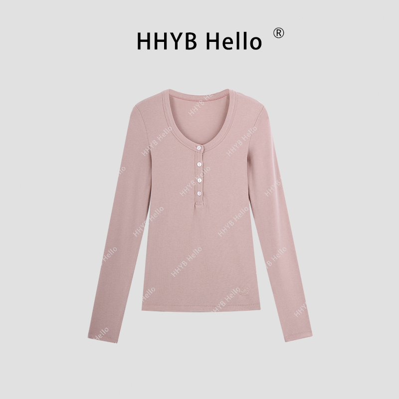 HHYB Hello纽扣修身长袖打底衫2024秋季新款百搭显瘦上衣女H10054